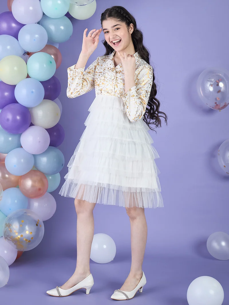 شيري أند جيري فستان بناتي "Fit and Flare" أبيض وذهبي لامع - نسيج النيوبرين والشبكة، بأكمام كاملة وياقة.